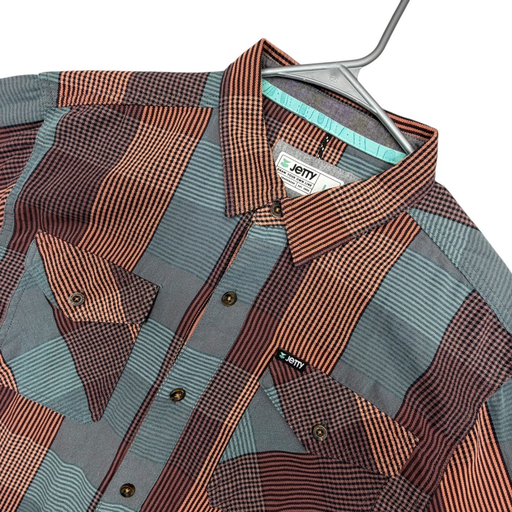 Jetty Flannel Shirt Mens Large Orange Grey Plaid Long Sleeve Button Up Pocket